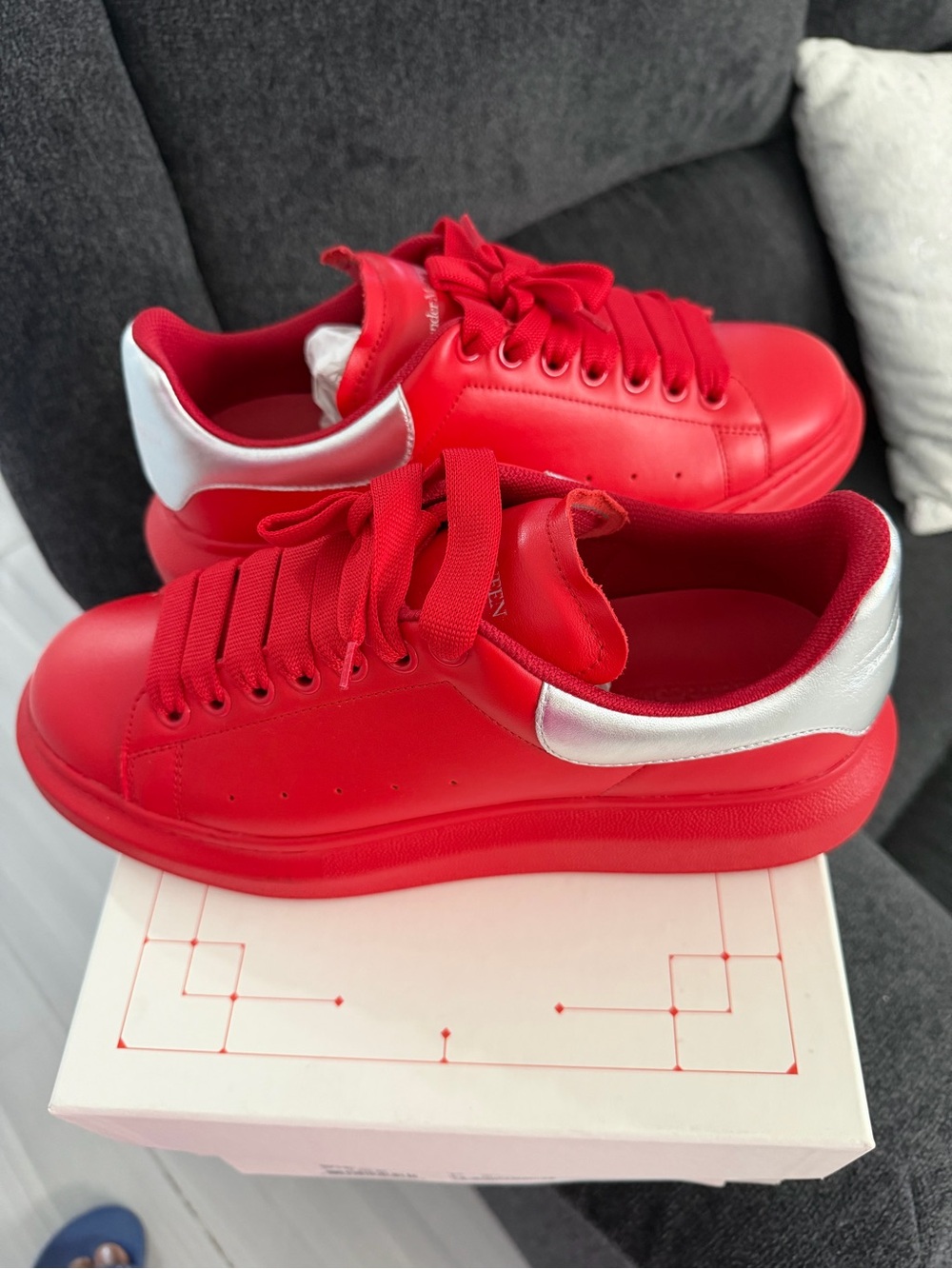 Alexander McQueen Red Leather Sneakers with Silver Heel Accent